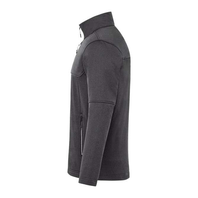A grey softshell jacket featuring a zip-up front, high collar, and side pockets. It includes a logo.