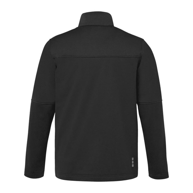A black men's eco waterproof softshell jacket with a high collar and a back seam design, featuring a logo.