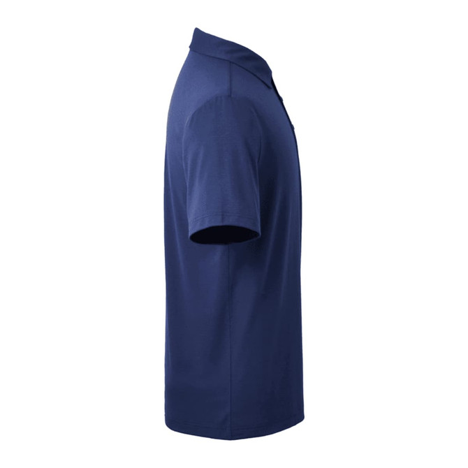 A navy blue men's polo shirt featuring short sleeves and a collar, with a logo on the chest.