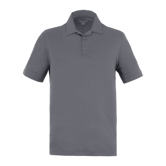 A grey men's polo shirt featuring a classic collar and a logo on the chest.