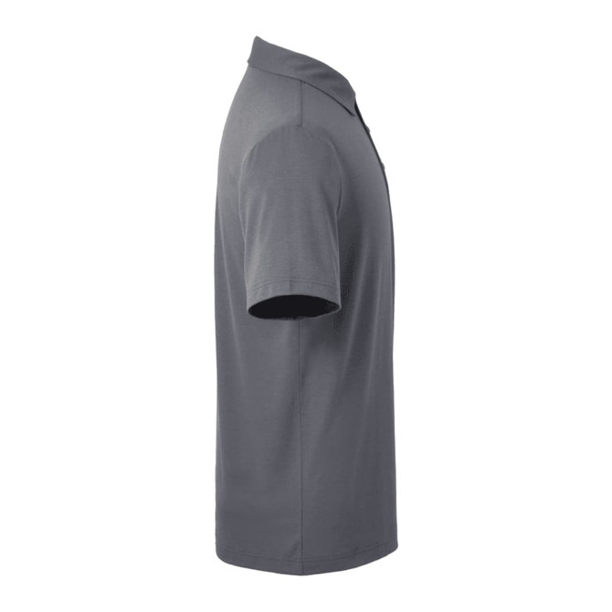 A grey men's polo shirt with short sleeves and a collar, featuring a logo on one side.