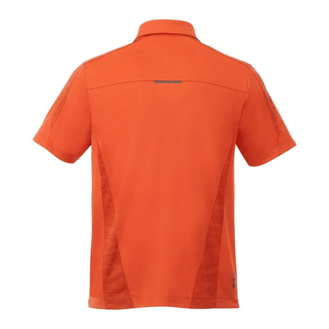 An orange short sleeve performance polo shirt featuring a logo and a sporty design.