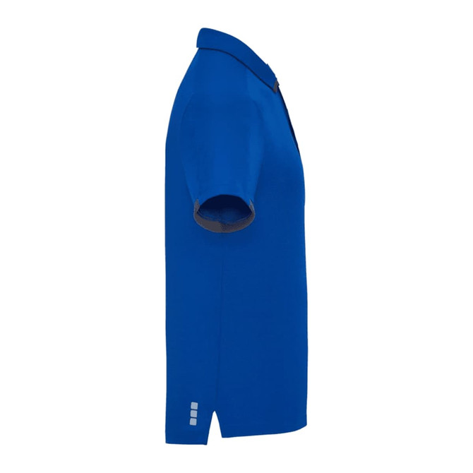 A blue short sleeve performance polo shirt with a collar and a logo on the side.