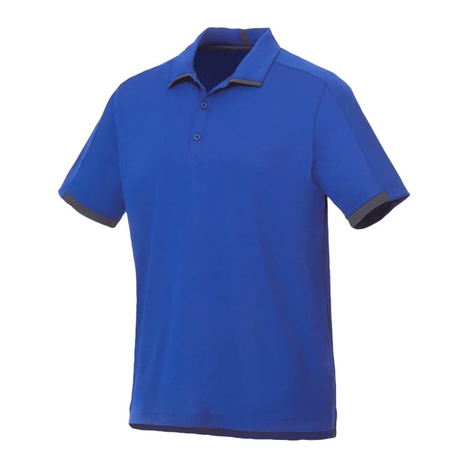 A blue short sleeve performance polo with contrast detailing and a collar, featuring a logo on the chest.