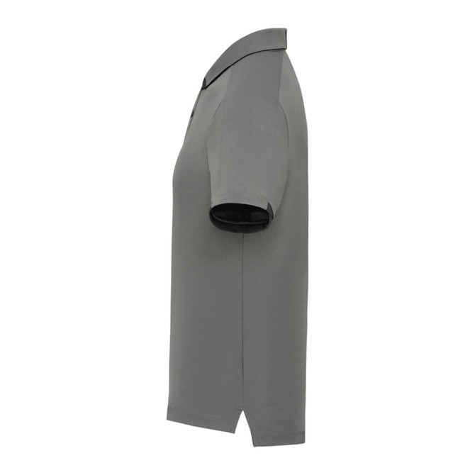 A grey men's short sleeve performance polo with a collar and a logo on the side.