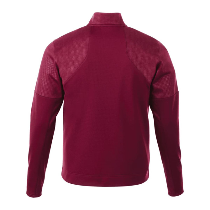 A burgundy men's performance jacket featuring a full zip and thumb holes, with a textured design and a logo.
