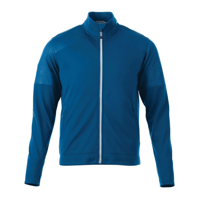 A blue performance jacket featuring a full zip and thumb holes, designed for comfort and style. It includes a logo.