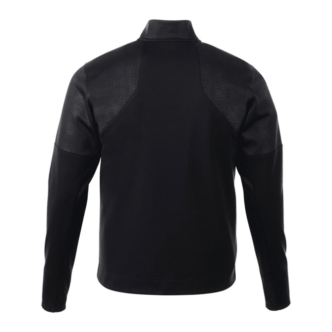 A black men's performance jacket featuring a full zip and thumb holes, with textured detailing on the sleeves.