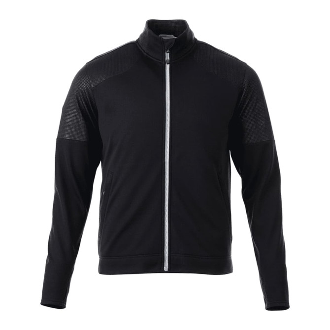 A black full zip performance jacket with thumbholes, featuring textured detailing and a logo.