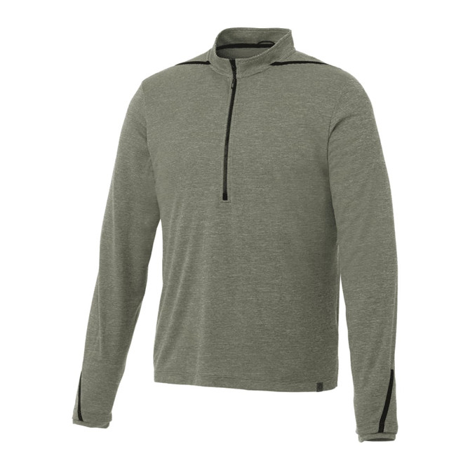 A green men's half zip jacket featuring long sleeves and a branding logo.
