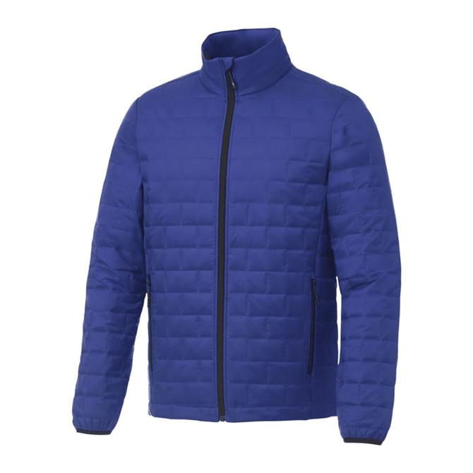 A blue insulated puffer jacket with a full zip and stand-up collar, featuring side pockets and a logo.