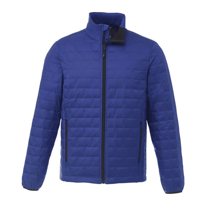A blue men's lightweight packable insulated puffer jacket with a zip closure and side pockets.