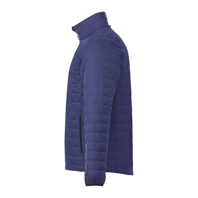 A lightweight packable insulated puffer jacket in navy blue with a zip front and pockets, featuring a logo.