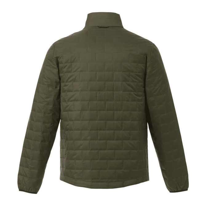 A lightweight packable insulated puffer jacket in olive green with a quilted design and a collar.