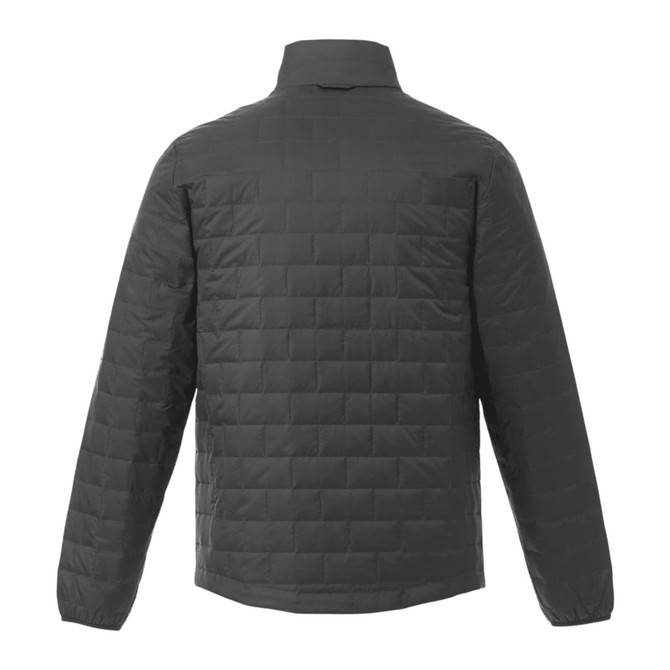 A lightweight, packable insulated puffer jacket in dark grey, featuring a quilted texture and a collar.