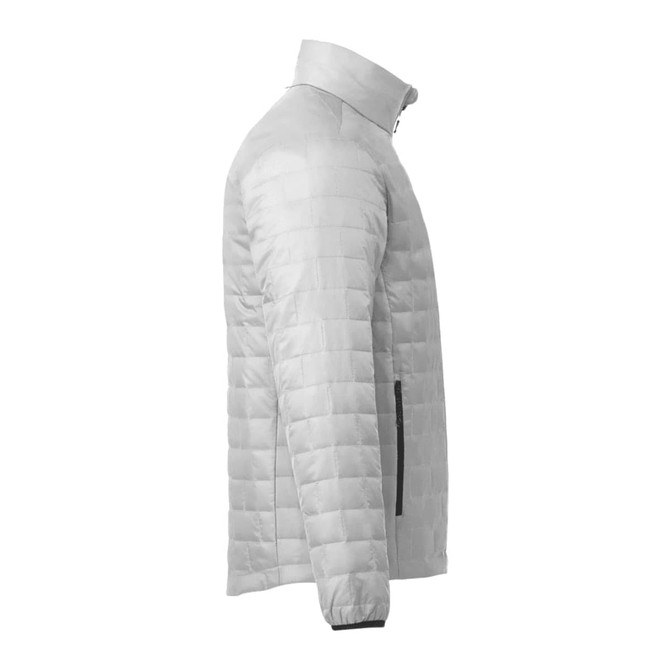 A men's lightweight packable insulated puffer jacket in light grey, featuring a high collar and side pockets.