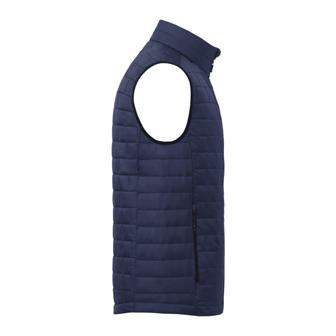 A men's lightweight packable insulated puffer vest in navy blue with a zippered pocket and a high collar.