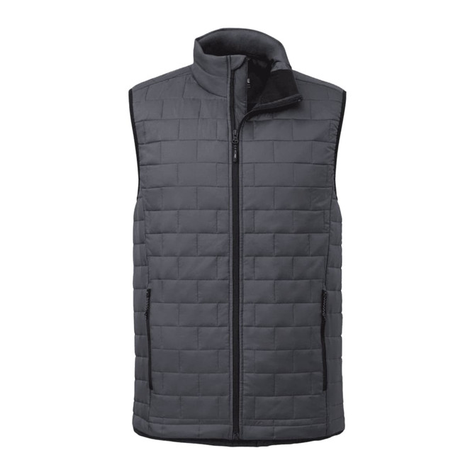 A lightweight packable insulated puffer vest in dark grey with a zip front and side pockets. Features a logo.