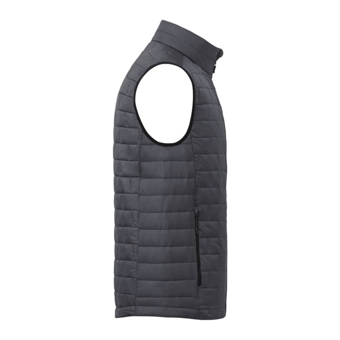 A lightweight, packable insulated puffer vest in dark grey with a zippered pocket and a high collar.