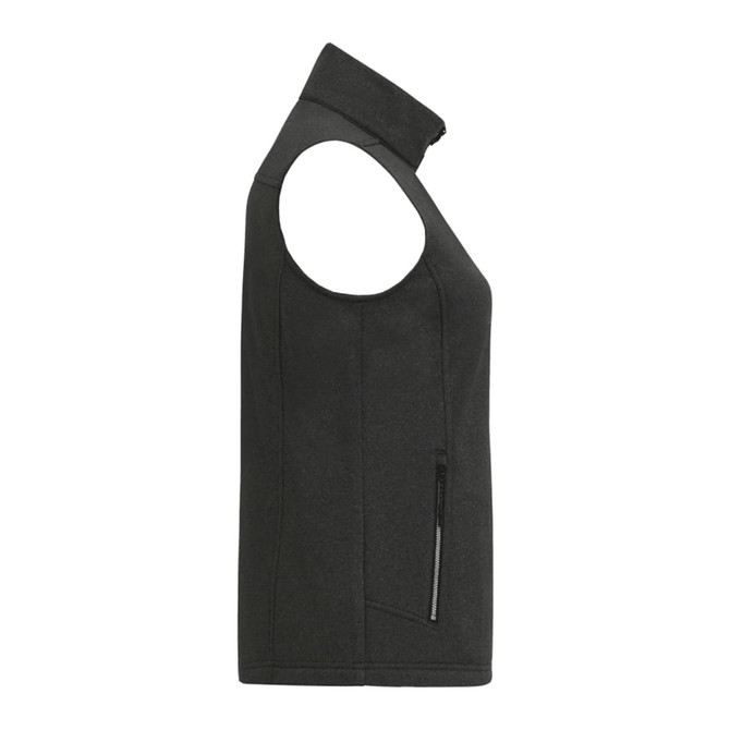 A women's waterproof softshell vest in dark grey, featuring a zippered pocket and a sleeveless design.