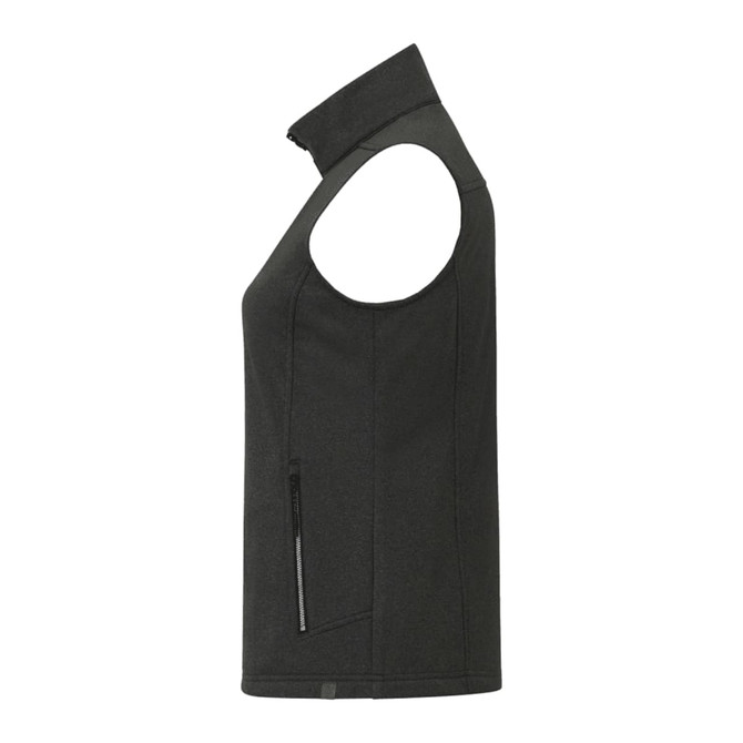 A women's eco waterproof softshell vest in dark grey with a zippered pocket and no sleeves. Features a branding logo.