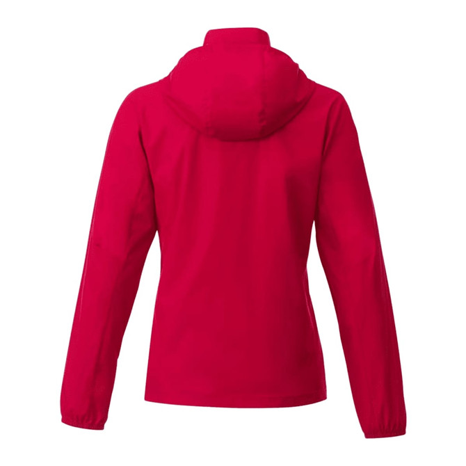 A red women's packable rain jacket featuring a hood and long sleeves, showcasing a back view.