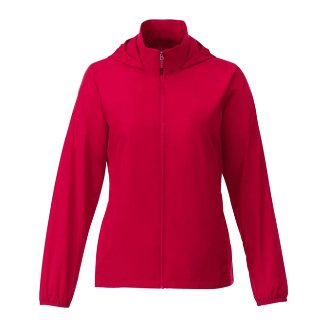 A red women's packable jacket featuring a zip front and hood. The jacket has a logo on it.