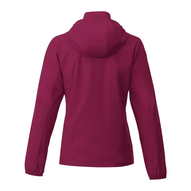 A maroon Women's TOBA Packable Jacket featuring a hood, designed for rain protection. The back view shows a simple silhouette.