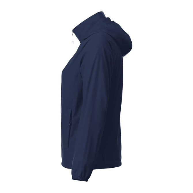 A navy women's packable rain jacket with a hood, featuring a side view and a logo on the chest.
