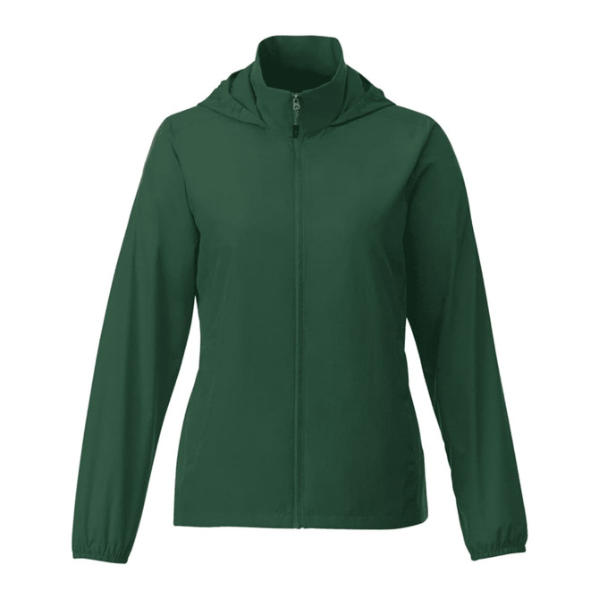 A women's packable rain jacket in a rich green colour with a hood and front zip. Features a logo on the jacket.