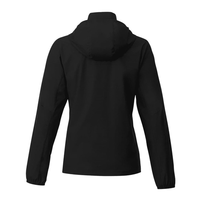 A black packable rain jacket for women, featuring a hood and long sleeves. It has a logo on the back.