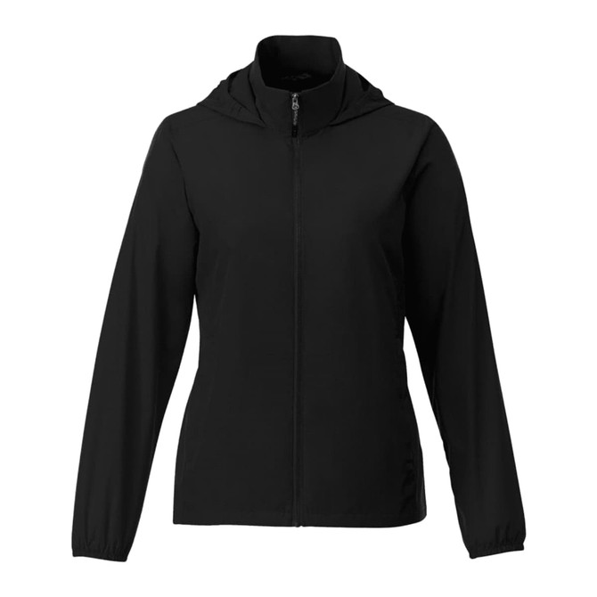 A women's packable jacket in black, featuring a zipped front and a hood, designed for rain protection.