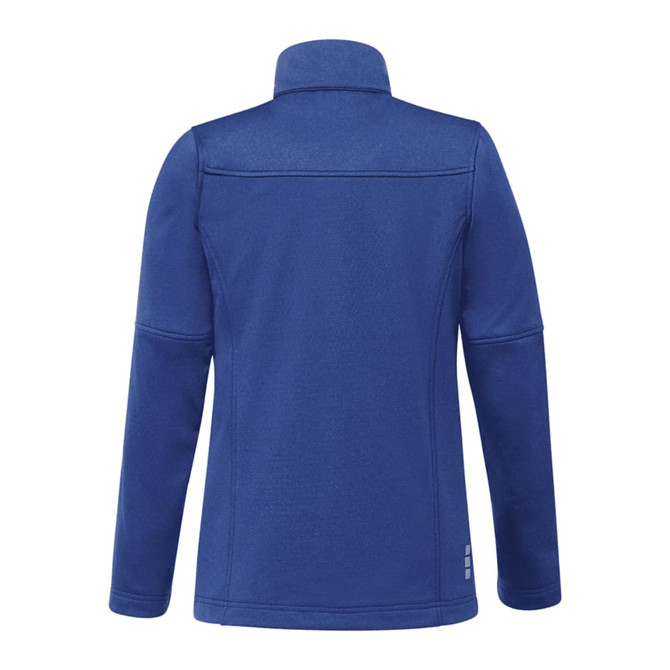 A blue women's softshell jacket featuring a high collar and a sleek design, with a logo on the back.