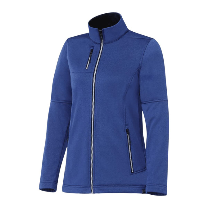 A women's blue eco waterproof softshell jacket with a zip front and side pockets, featuring a branded logo.
