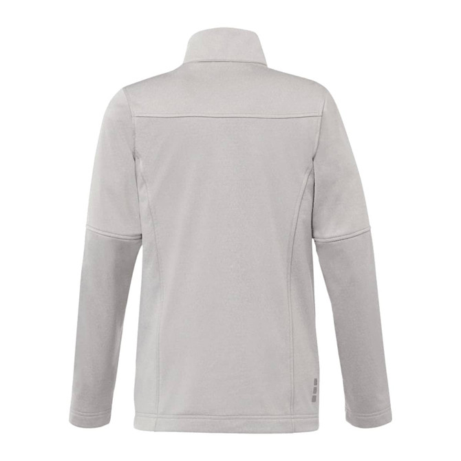 A light grey women's softshell jacket with a high collar and long sleeves, featuring a logo on the side.
