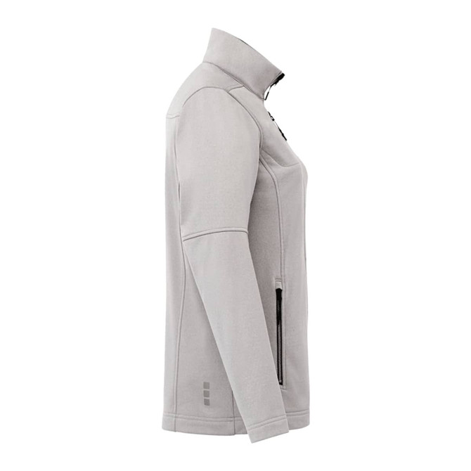A light grey women's softshell jacket with a high collar and side pockets, featuring a logo.