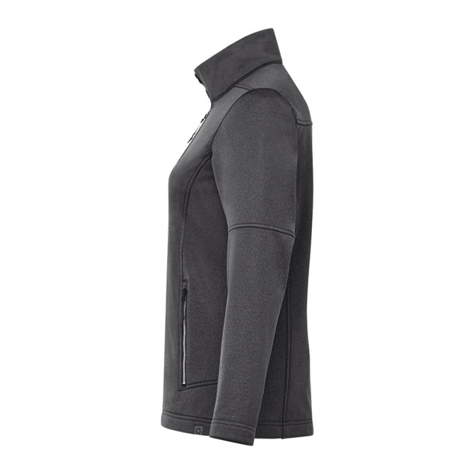 A black women's softshell jacket with a high collar and zippered pockets, featuring a logo.