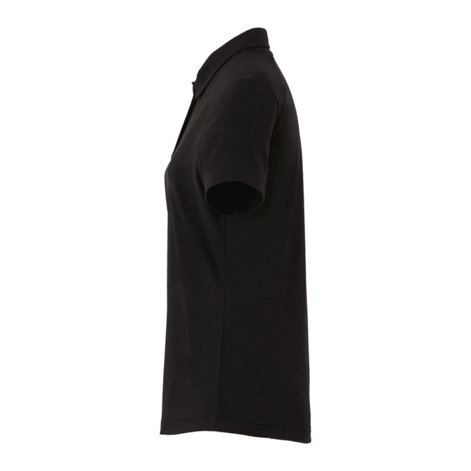 A black women's polo shirt featuring a collar and short sleeves. Includes a branding logo.