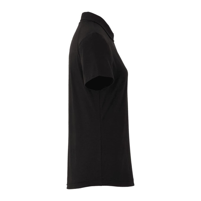 A black women's polo shirt with a collared neckline and short sleeves, featuring a logo.
