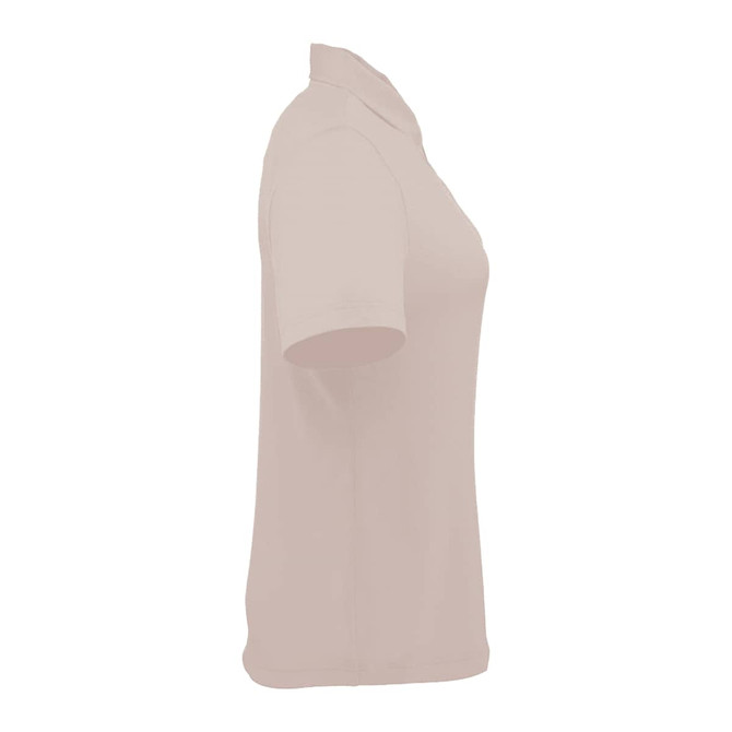A light pink women's polo shirt with a classic collar and short sleeves, featuring a logo.