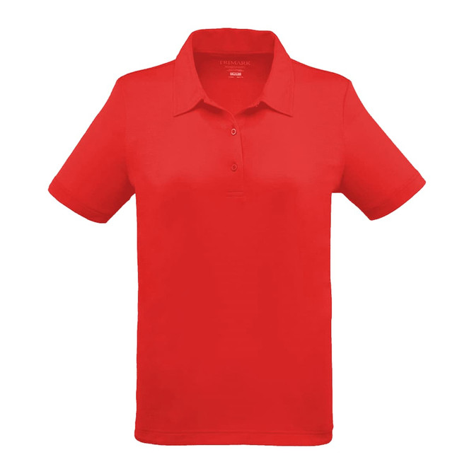A red women's polo shirt with a classic collar and three buttons, featuring a logo.