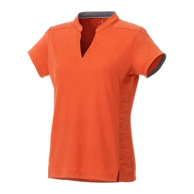 An orange women's performance polo shirt featuring a collar, short sleeves, and a subtle logo.
