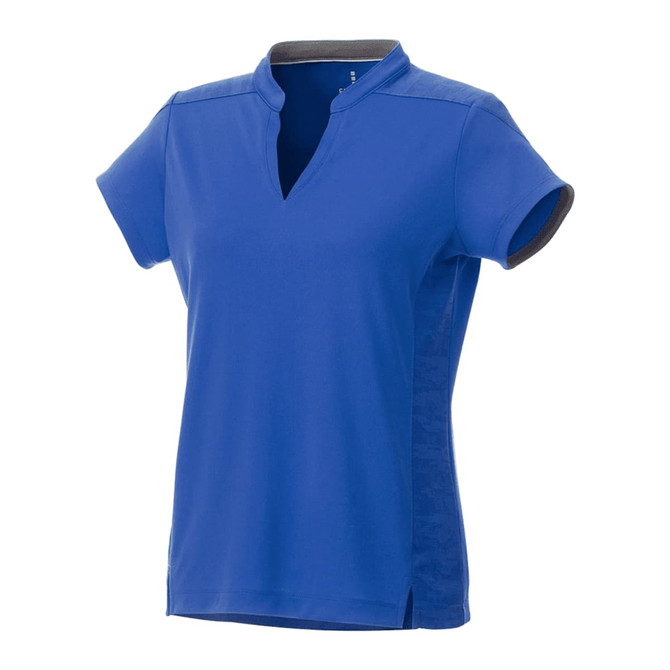 A women's short sleeve performance polo in vibrant blue, featuring a collar and a logo.