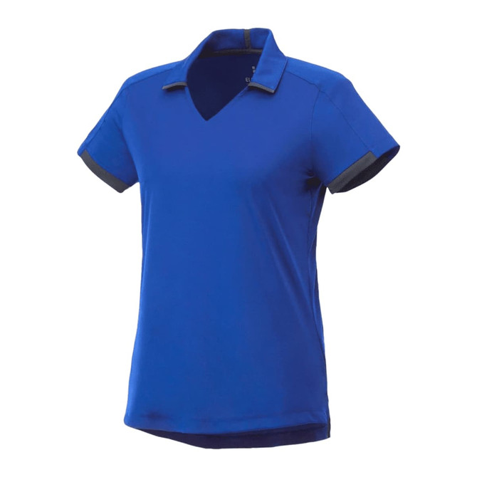 A blue women's performance polo shirt with short sleeves and a V-neck design, featuring a logo on the chest.