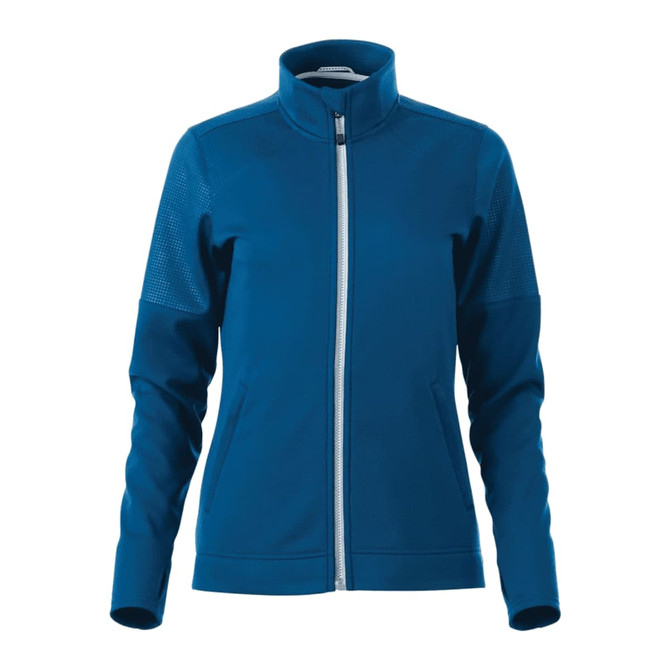 A women's full zip performance jacket in a vibrant blue, featuring thumb holes and a textured sleek design.