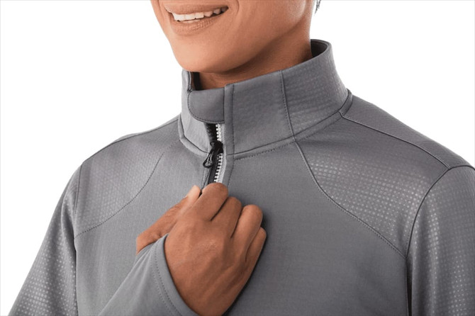 A grey women's performance jacket with a full zip and thumb holes, featuring a high collar and minimalistic design.