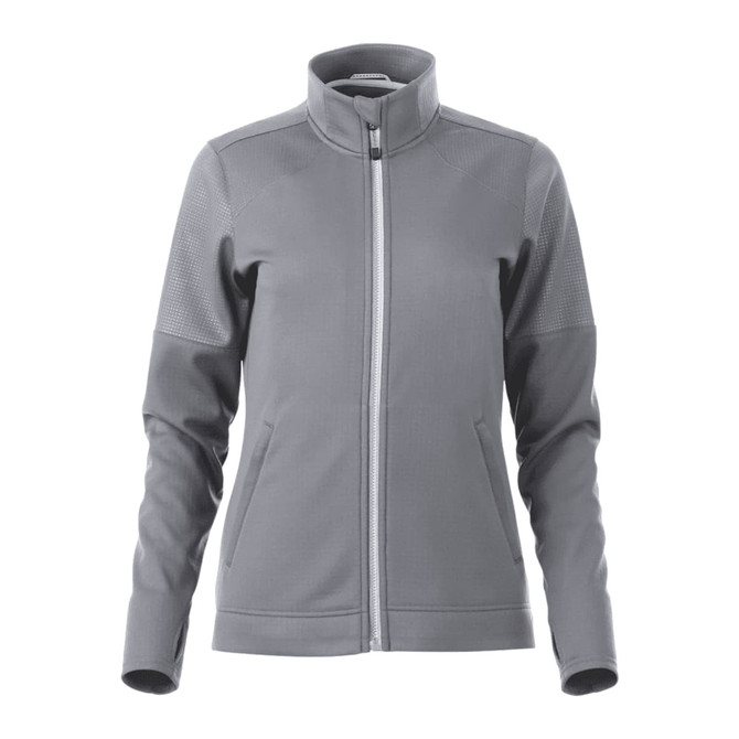 A women's full zip performance jacket in grey with thumb holes and logo on the chest.