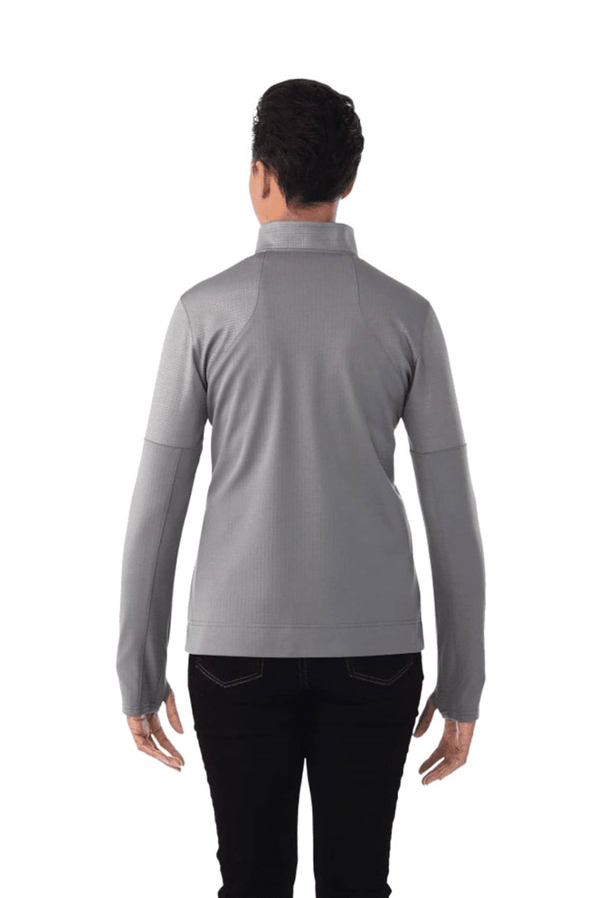 A grey women's performance jacket with a full zip and thumb holes, featuring a high collar and fitted design.