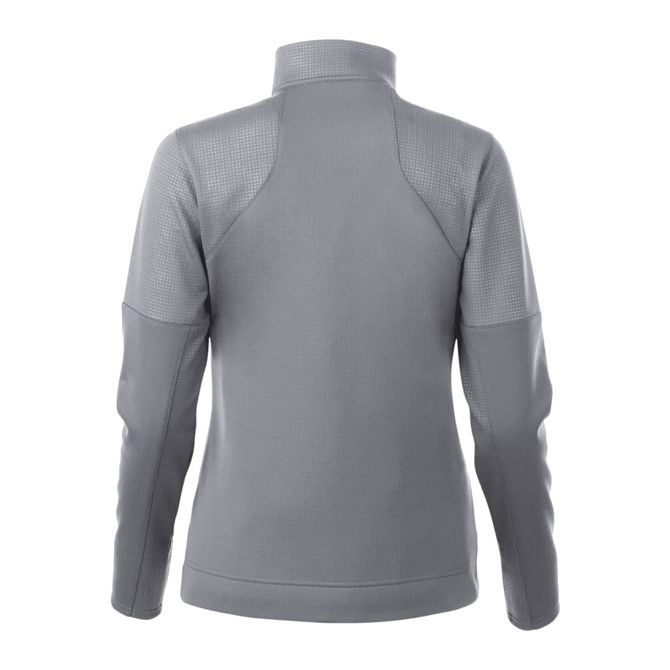 A grey women's full zip performance jacket with thumb holes, featuring a textured back design and a collar.