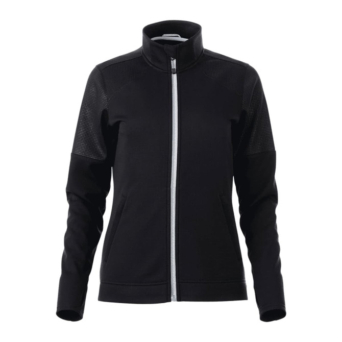A black full zip performance jacket with thumb holes and a logo, featuring a fitted design and textured panels.